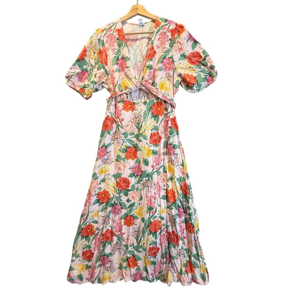 Old Navy Pink Floral Linen Midi Maxi Dress L Large Twist Tie Wrap Puff Sleeve - Picture 2 of 8